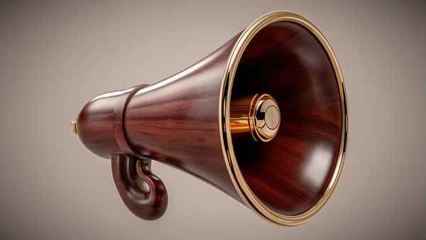 A floating wooden megaphone against a bare and neutral background, with gold trim around the rim and inside.